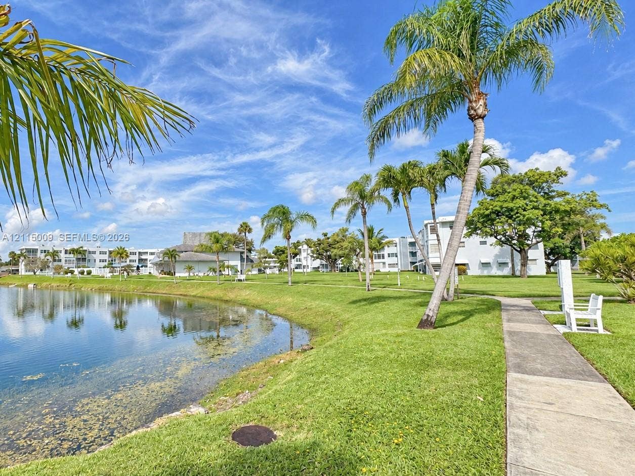 2300 Park Lane, #105, Hollywood, FL 33021 Waterfront grounds featuring a concrete walking path, manicured lawn, and mature palm trees