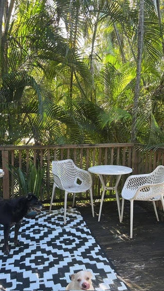 11728 NE 6th Avenue, #2, Biscayne Park, Biscayne Park, FL 33161 Outdoor deck featuring wood-plank flooring and vertical-slat timber railings, surrounded by mature palm trees