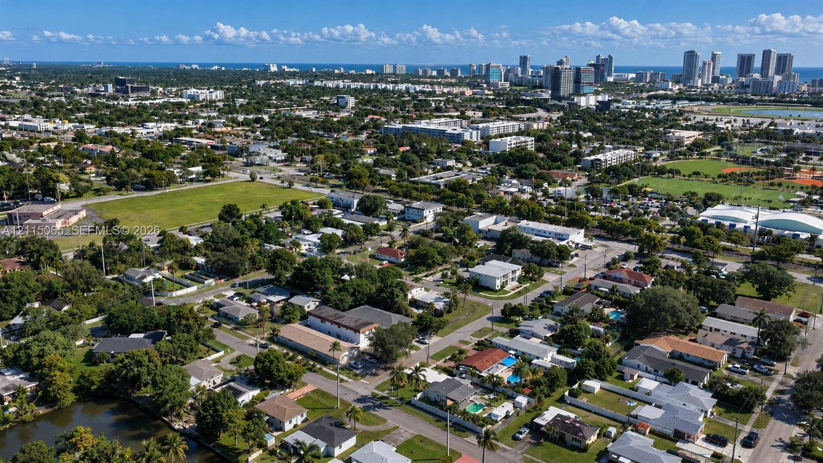 Aerial perspective featuring dense mature tree canopy, integrated green spaces, and coastal metropolitan skyline backdrop