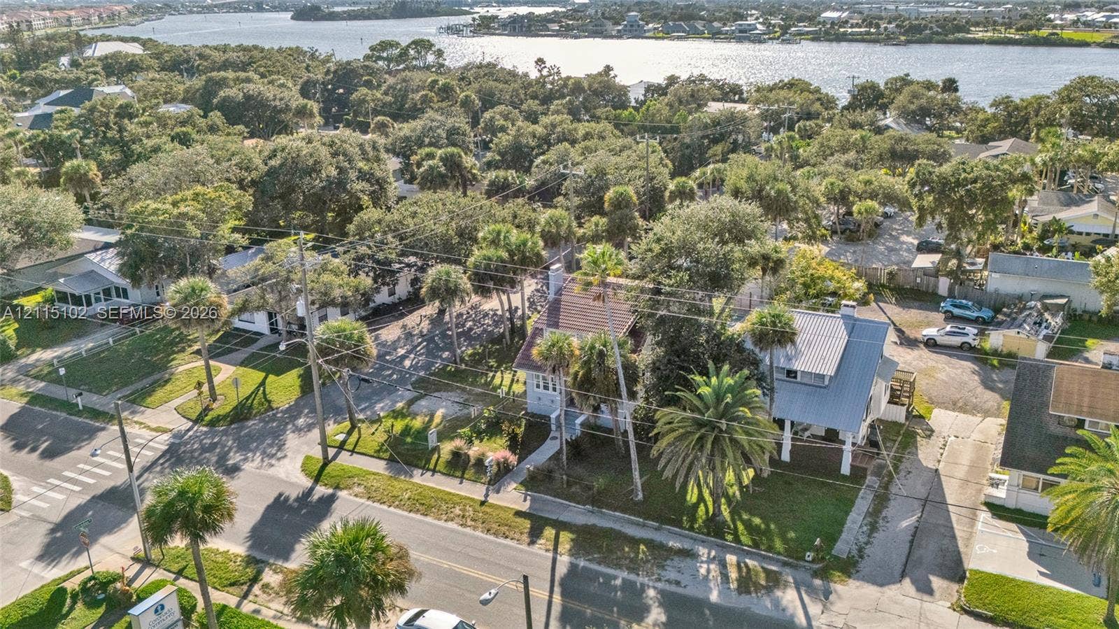 110 S Peninsula, New Smyrna Beach, FL 32169 Aerial perspective of a coastal property featuring mature palm trees, established landscaping, metal roofing, and proximity to the waterfront