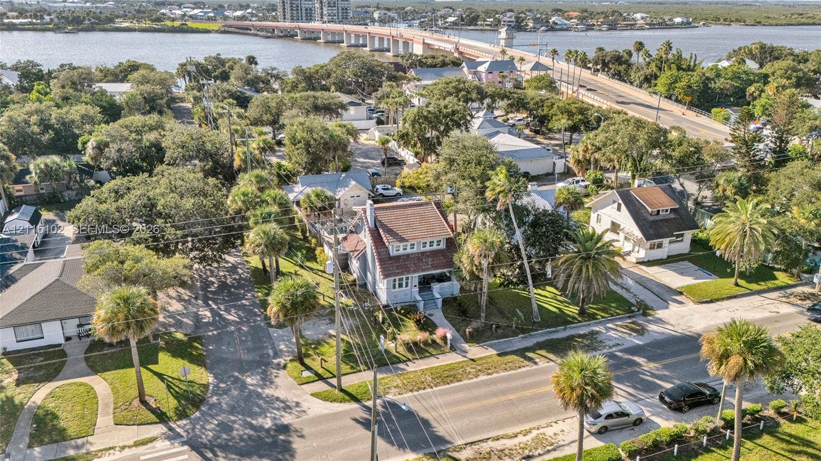 110 S Peninsula, New Smyrna Beach, FL 32169 Aerial perspective of coastal residential property featuring mature palm landscaping, multi-story structure with a pitched roof, and paved street frontage