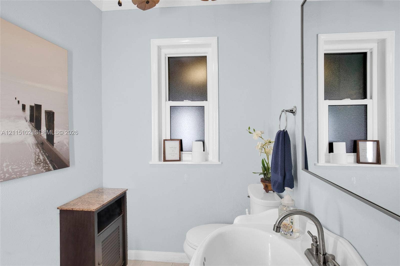 110 S Peninsula, New Smyrna Beach, FL 32169 Bathroom featuring a pedestal sink, brushed-nickel faucet, framed mirror, and double-hung frosted windows