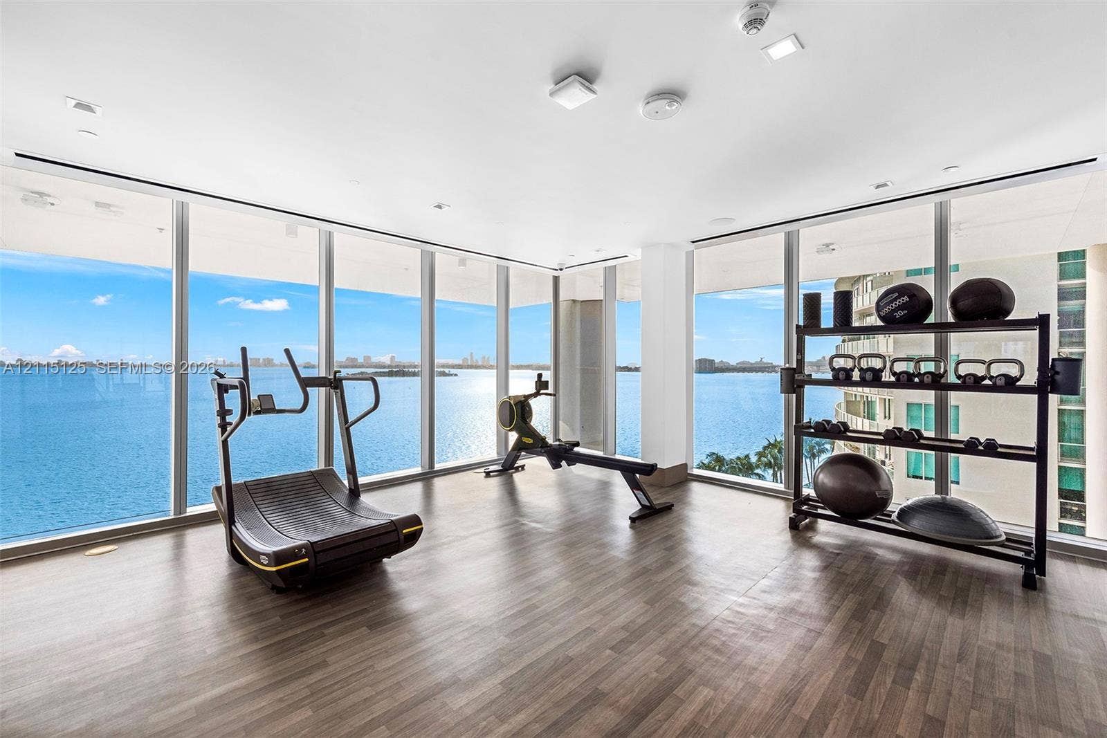 Fitness center featuring wood-finish flooring, floor-to-ceiling windows, and recessed lighting