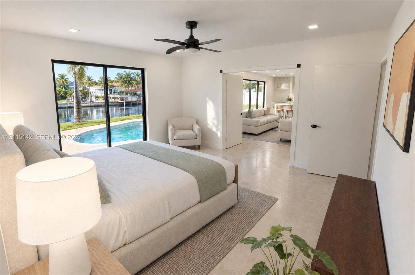 5940 SW 18th Street, Plantation, FL 33317 VIRTUAL RENDERING, NOT AN ACTUAL PHOTO. HOME IS UNDER CONSTRUCTION. Bedroom with pool view shown as proposed per permitted plans; final construction, finishes, landscaping and furnishings may differ. Buyer to verify with developer.