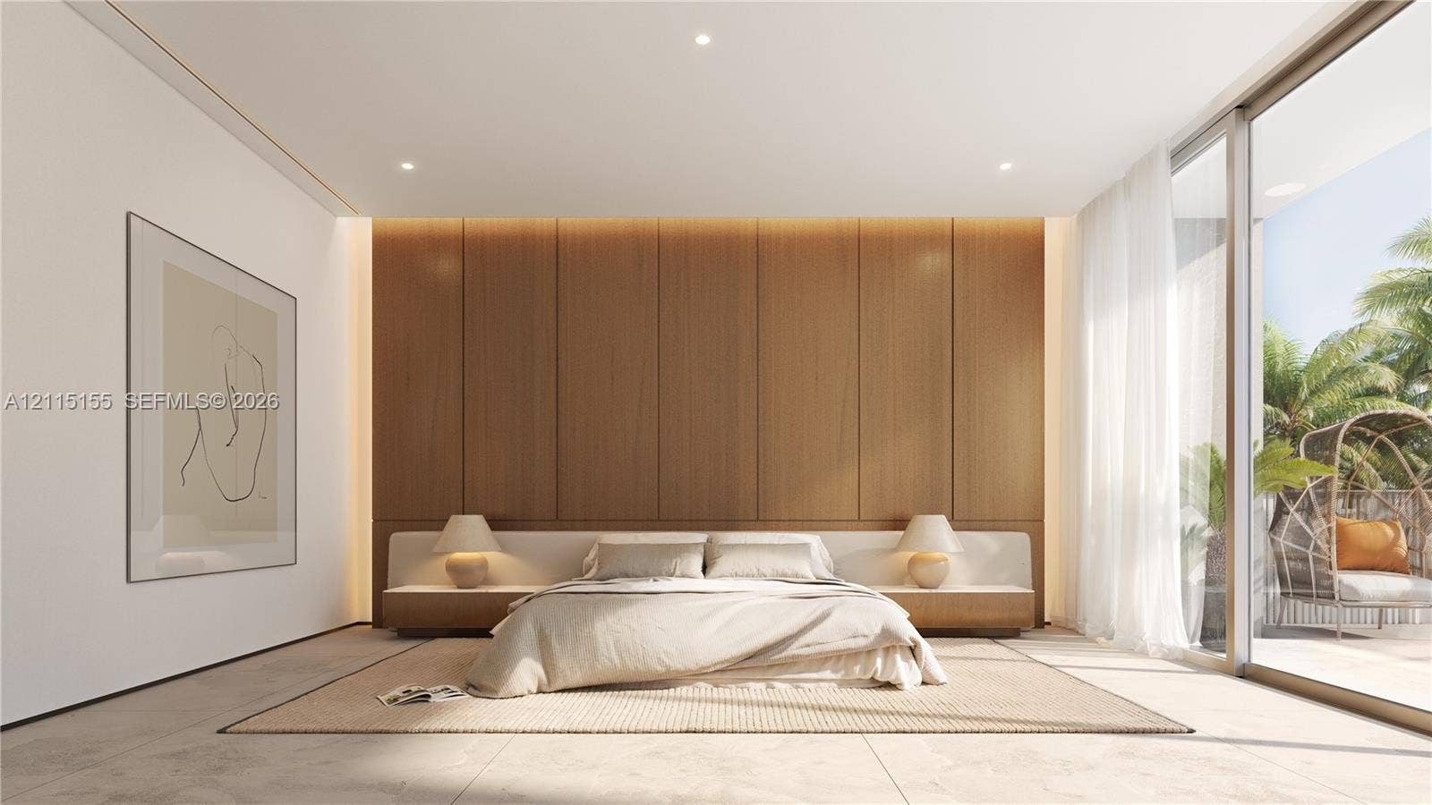 3721 S Le Jeune Road, Miami, FL 33146 Floor-to-ceiling wood panel wall, integrated linear lighting, large-format tile flooring, and expansive sliding glass doors
