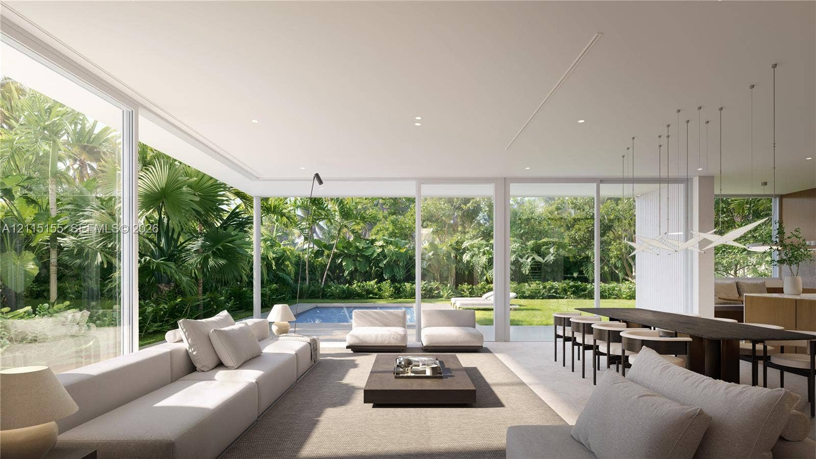 3721 S Le Jeune Road, Miami, FL 33146 Open-concept interior featuring floor-to-ceiling glass walls, recessed lighting, and stone flooring
