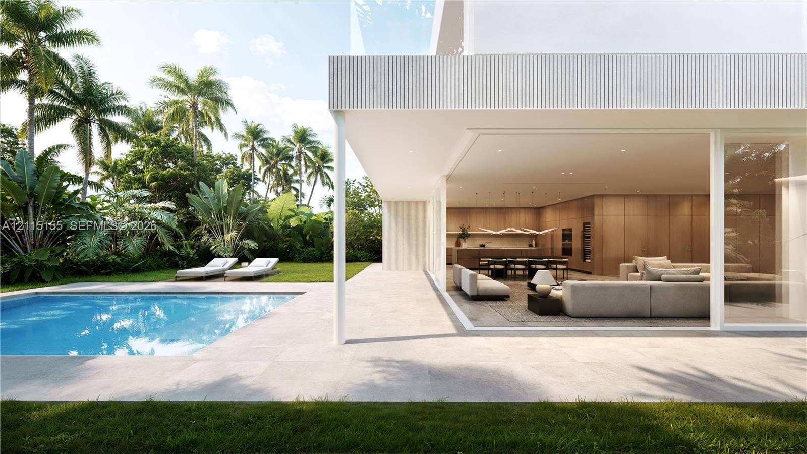 3721 S Le Jeune Road, Miami, FL 33146 Modern architectural exterior featuring expansive sliding glass walls, a neutral-toned stone patio, built-in recessed ceiling lighting, and a swimming pool surrounded by established palm trees