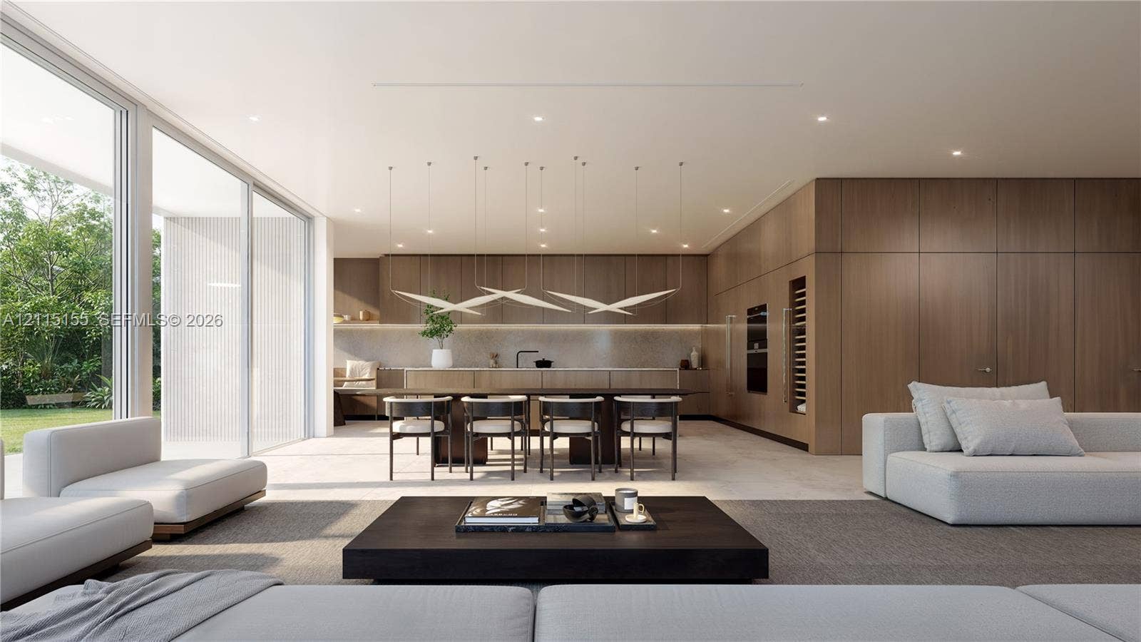 3721 S Le Jeune Road, Miami, FL 33146 Open-concept interior featuring floor-to-ceiling glass panels, wood-panel cabinetry, a central island, recessed ceiling lighting, and tile flooring