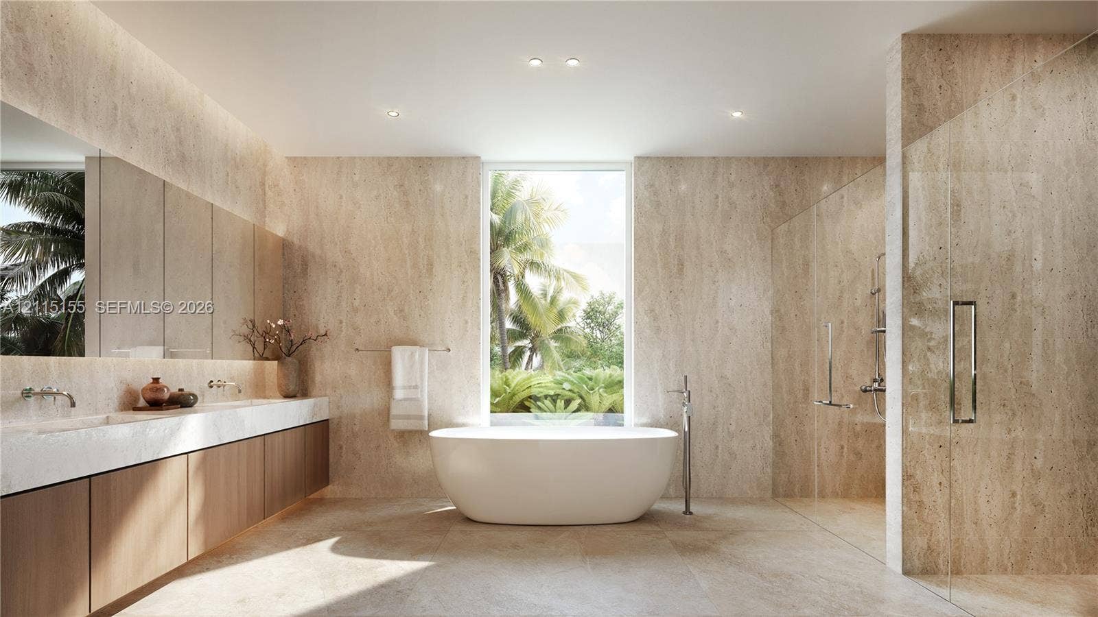 3721 S Le Jeune Road, Miami, FL 33146 Full-height stone wall cladding, double vanity with integrated countertop, freestanding soaking tub, and walk-in glass-enclosed shower