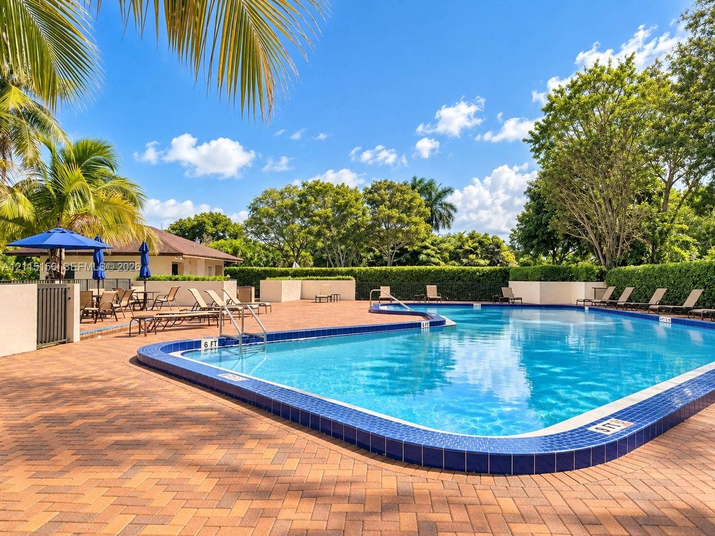 4800 NW 102nd Avenue, #201-10, Doral, Doral, FL 33178 Swimming pool featuring a blue tile coping and brick-paver surround, complemented by perimeter hedge landscaping and palm trees