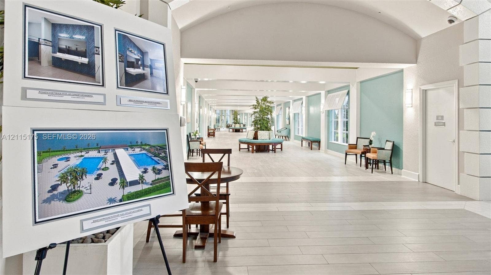 324 Seville N, Delray Beach, FL 33446 Main clubhouse with photo of projected renovations to outdoor pools