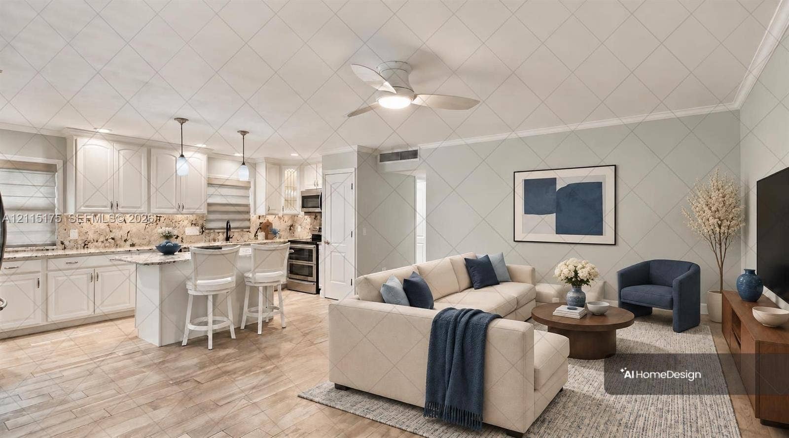 324 Seville N, Delray Beach, FL 33446 Open concept living area with virtually-staged living room