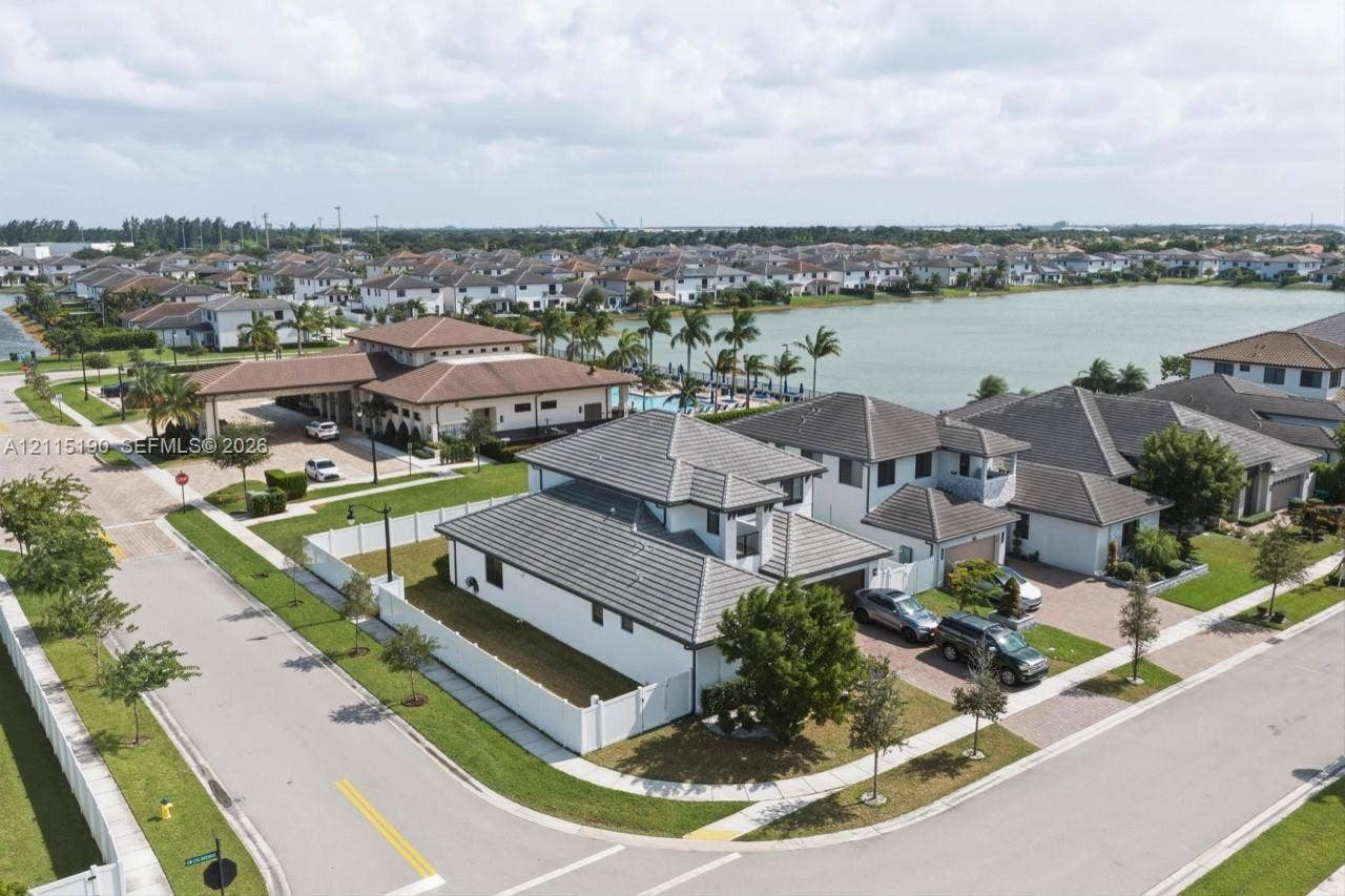 Aerial view of the corner-lot setting.