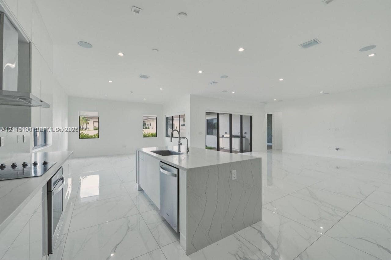 Kitchen island and open living space.