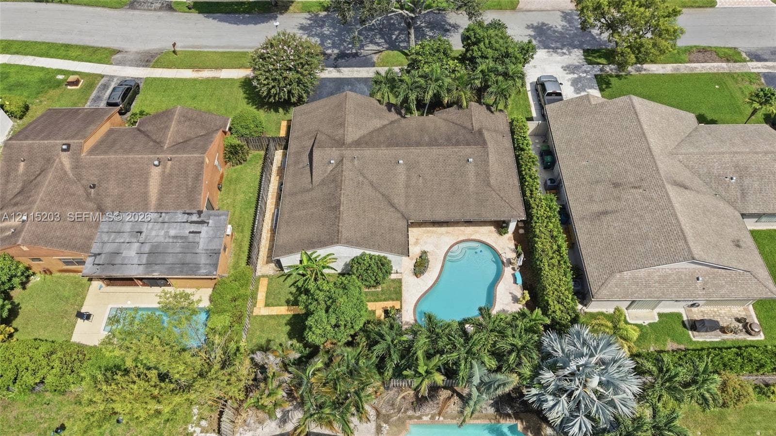 Aerial perspective featuring a 2019 shingled roof, a paved pool deck, and an in-ground swimming pool surrounded by mature landscaping