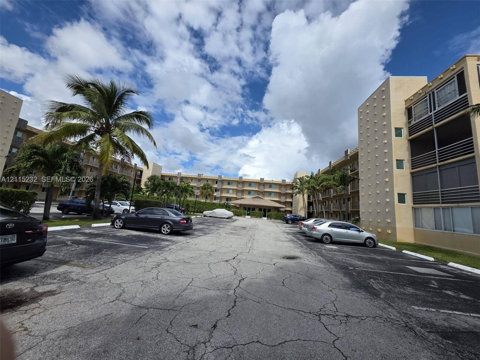 Multi-story stucco exterior featuring screened balconies, decorative textured masonry, and on-site surface parking shaded by mature palm trees