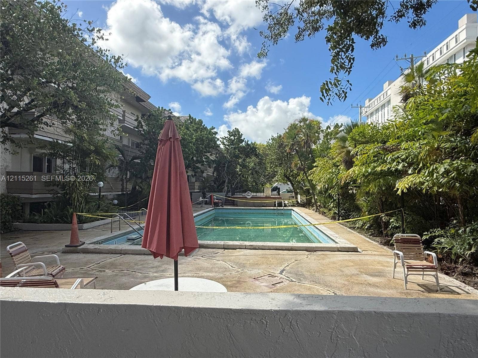 1205 Mariposa Avenue, #302, Coral Gables, Coral Gables, FL 33146 In-ground swimming pool surrounded by a concrete patio, landscaped greenery, and mature trees
