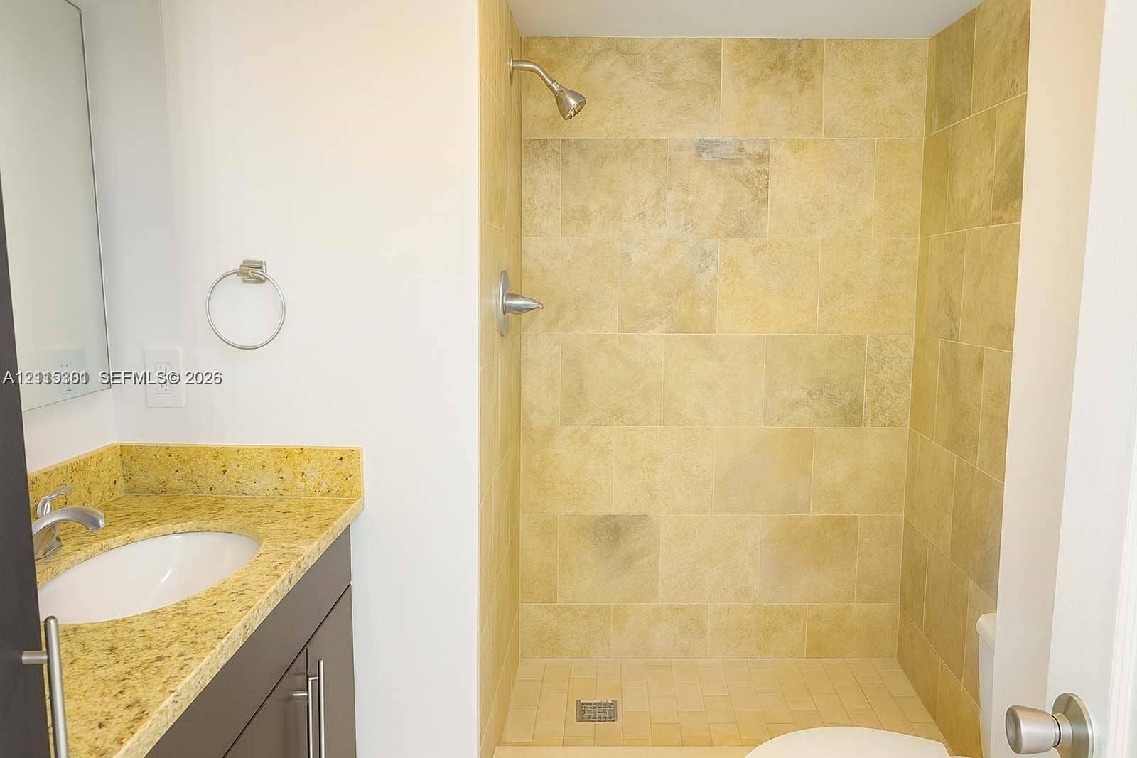 1630 Embassy Drive, #101, West Palm Beach, West Palm Beach, FL 33401 Bathroom featuring a stone-finish tile walk-in shower, dark-tone vanity cabinetry, natural stone countertop, undermount sink, and chrome-finish hardware
