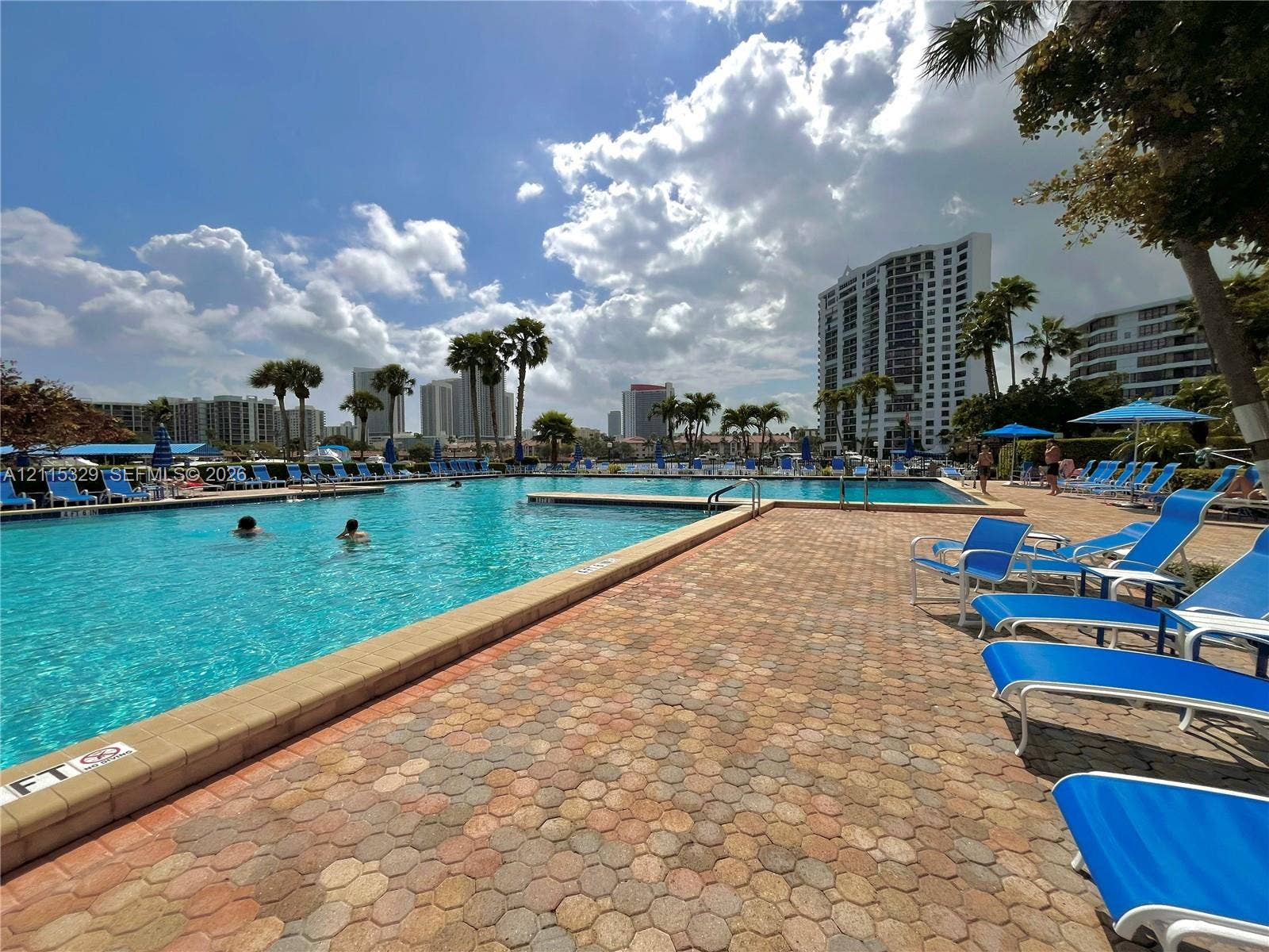2500 Parkview Drive, #1705, Hallandale Beach, Hallandale Beach, FL 33009 Outdoor swimming pool featuring paver decking, mature palm trees, and an open-air surrounding