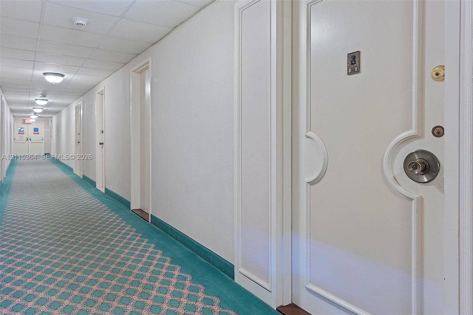 1980 S Ocean Drive, #20A, Hallandale Beach, Hallandale Beach, FL 33009 Interior hallway featuring recessed panel doors, patterned carpeting, and flush-mount ceiling lighting