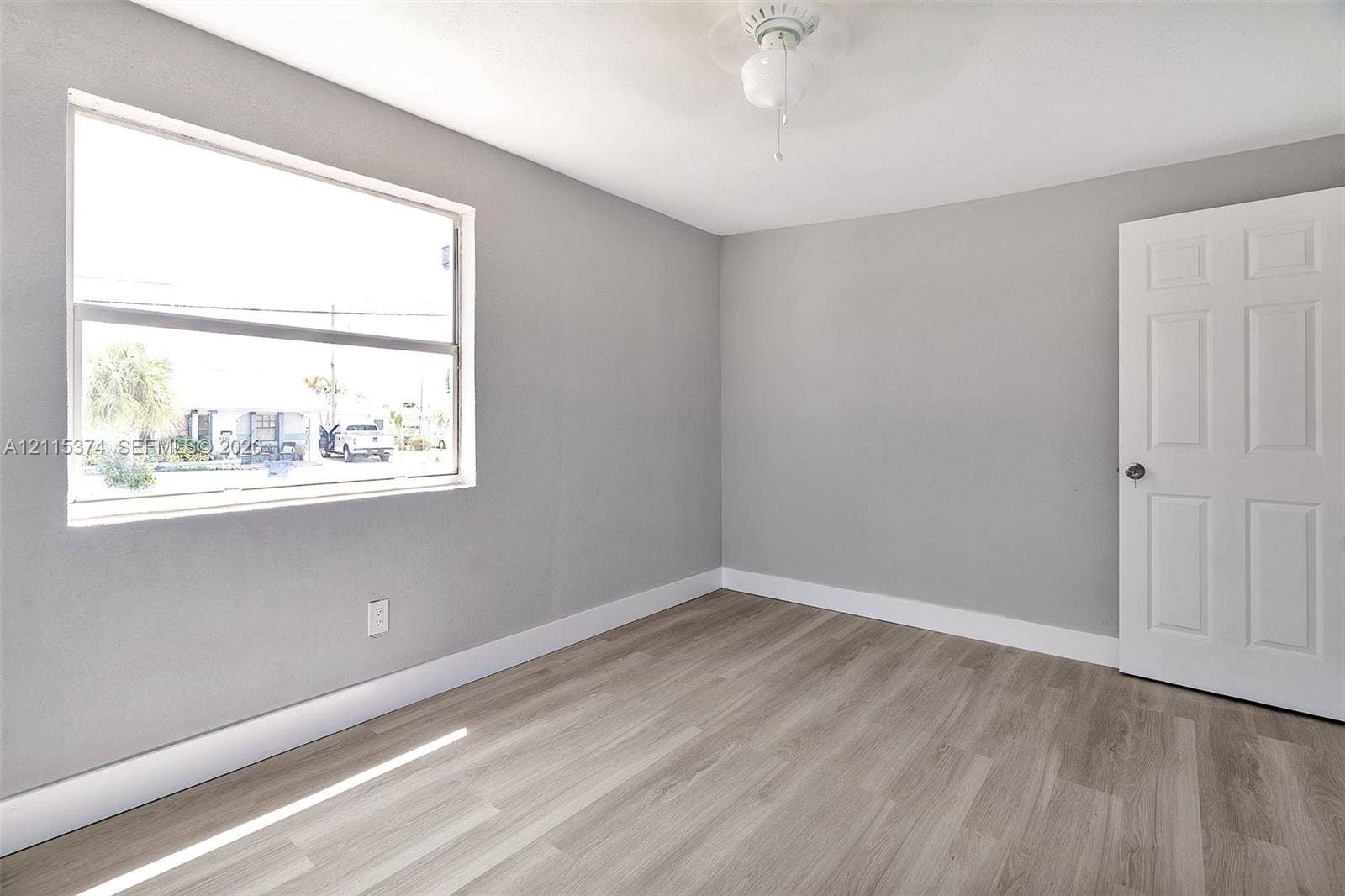 Neutral grey walls, wood-finish flooring, white six-panel interior door, and a ceiling-mounted light fixture