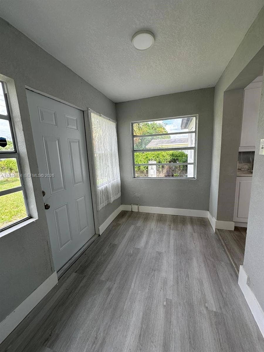 Neutral-toned interior space featuring wood-finish flooring, multi-pane windows, and a panel door