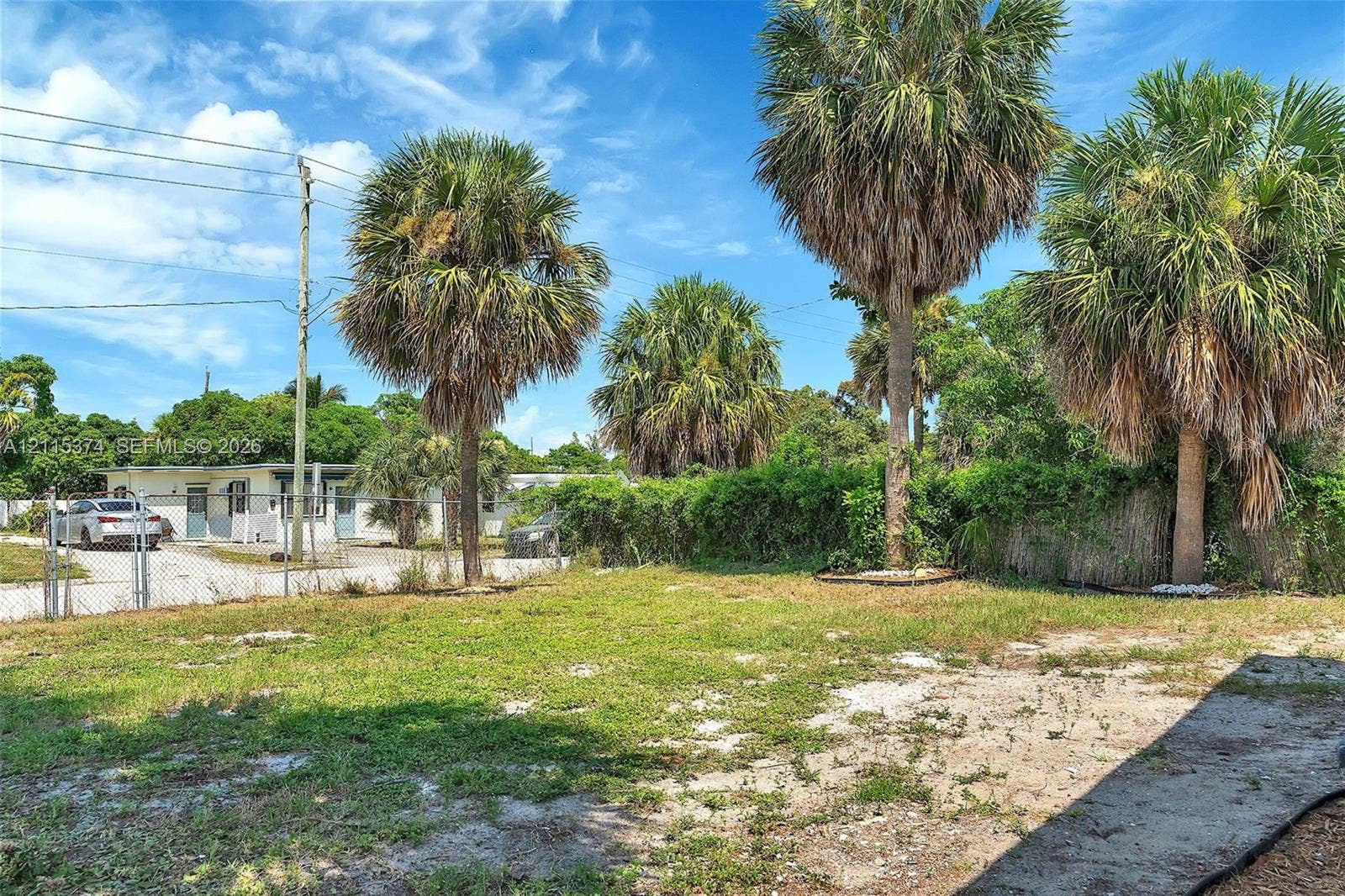 Open lot featuring mature palm trees, perimeter fencing, and established shrubbery