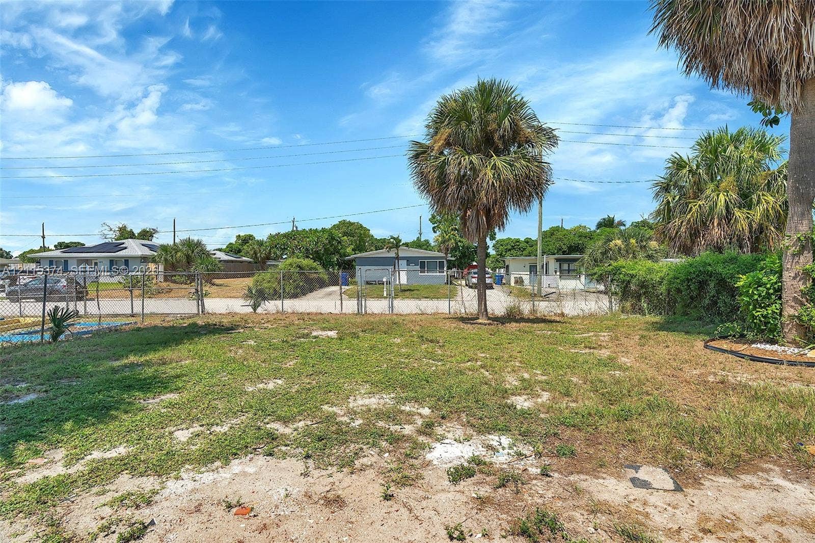 Expansive lot featuring mature palm trees and chain-link perimeter fencing