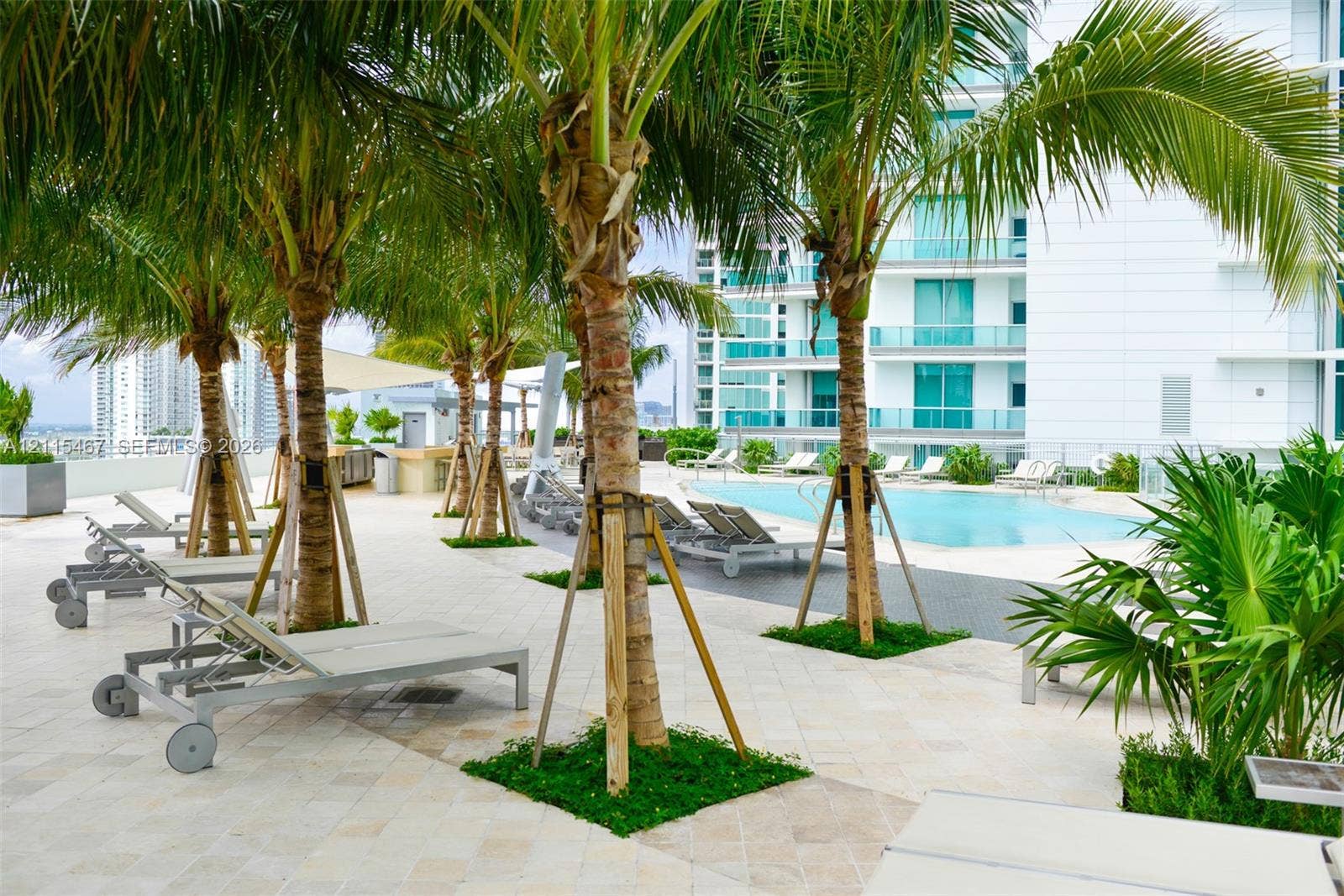 900 Biscayne Boulevard, #2104, Miami, FL 33132 Pool deck featuring stone-tile flooring, mature palm trees, integrated landscaping, and a rectangular swimming pool