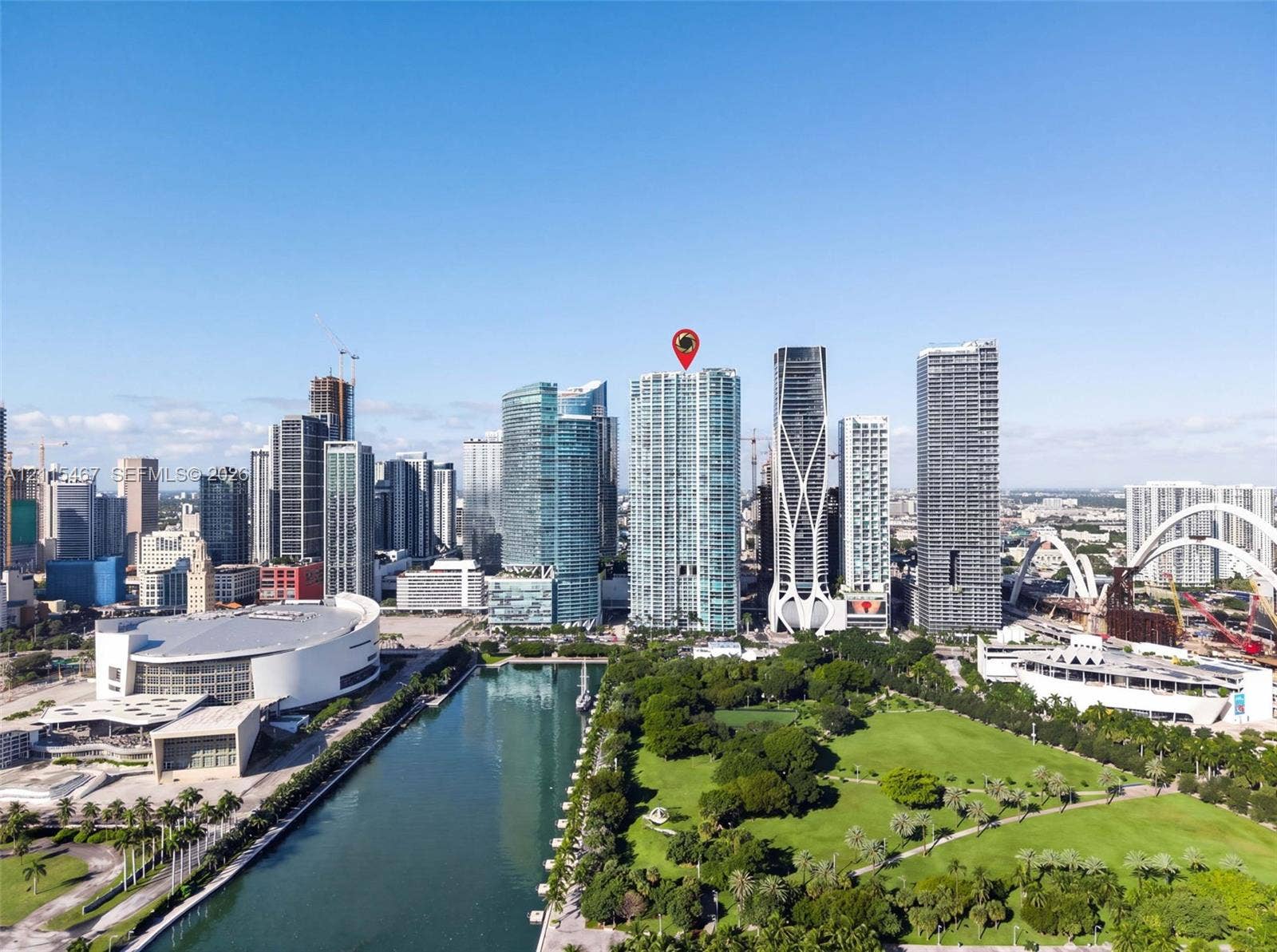 900 Biscayne Boulevard, #2104, Miami, FL 33132 Aerial perspective of high-rise residential tower located within a metropolitan urban district