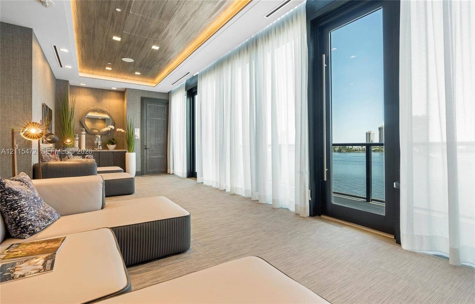 Textured ceiling with integrated cove lighting, recessed lighting, expansive glass paneled door, built-in cabinetry, and wall-to-wall carpeting