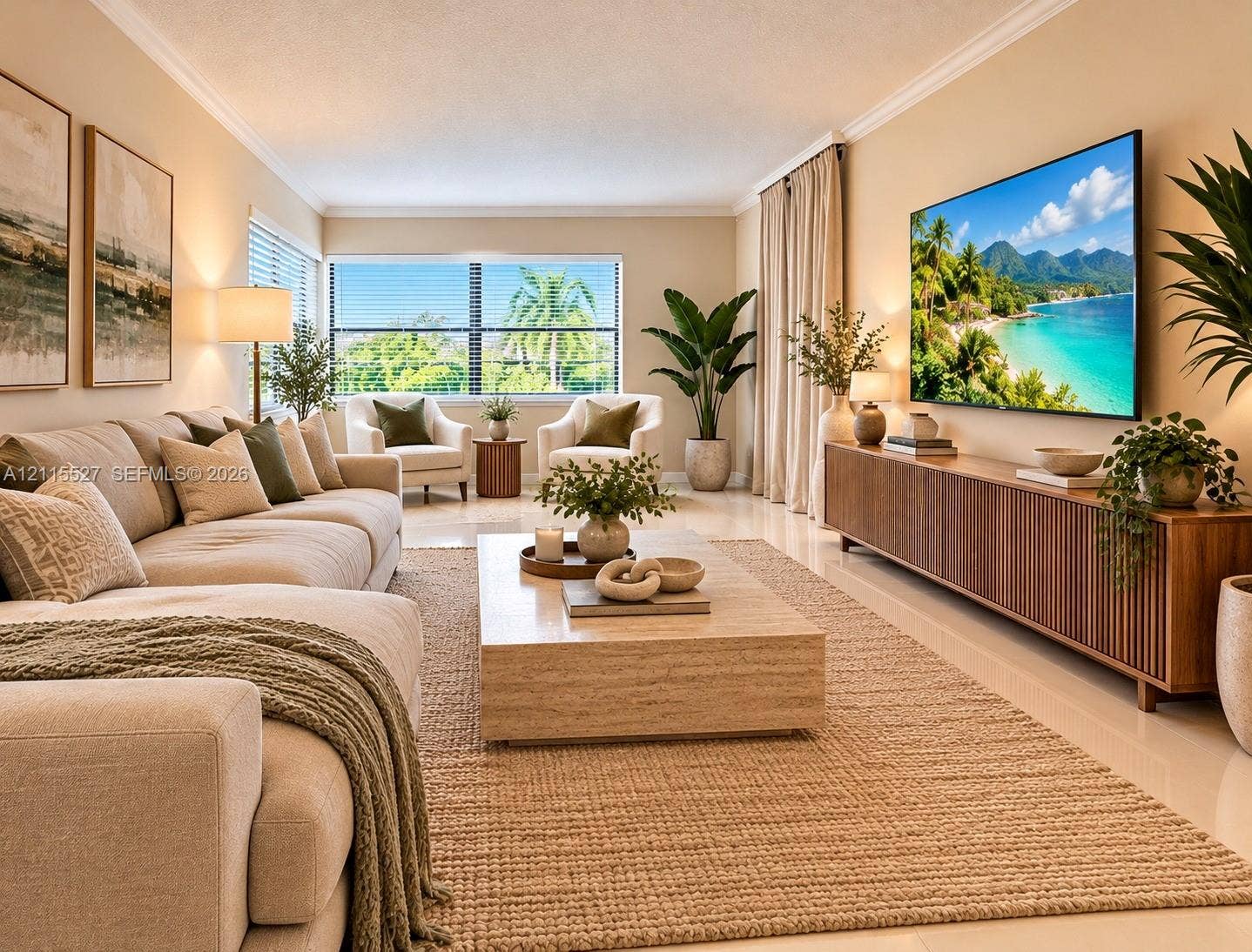 220 Lakeview Drive, #101, Weston, Weston, FL 33326 Neutral-toned living space featuring light-colored tile flooring, crown molding, and large horizontal windows