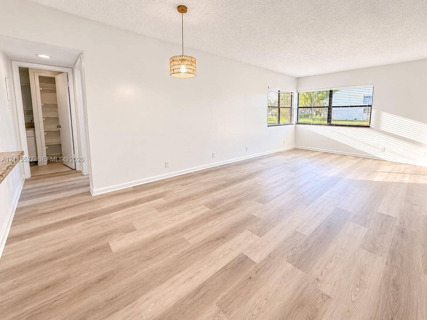 220 Lakeview Drive, #101, Weston, Weston, FL 33326 Interior space featuring wood-finish flooring, a woven drum pendant light, dual-aspect windows with horizontal blinds, and a built-in walk-in storage pantry