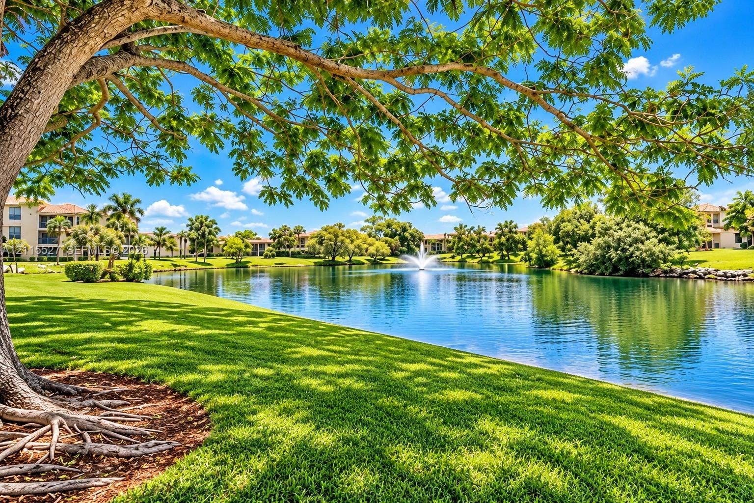 220 Lakeview Drive, #101, Weston, Weston, FL 33326 Waterfront grounds featuring a central fountain, mature canopy trees, and expansive lawn areas