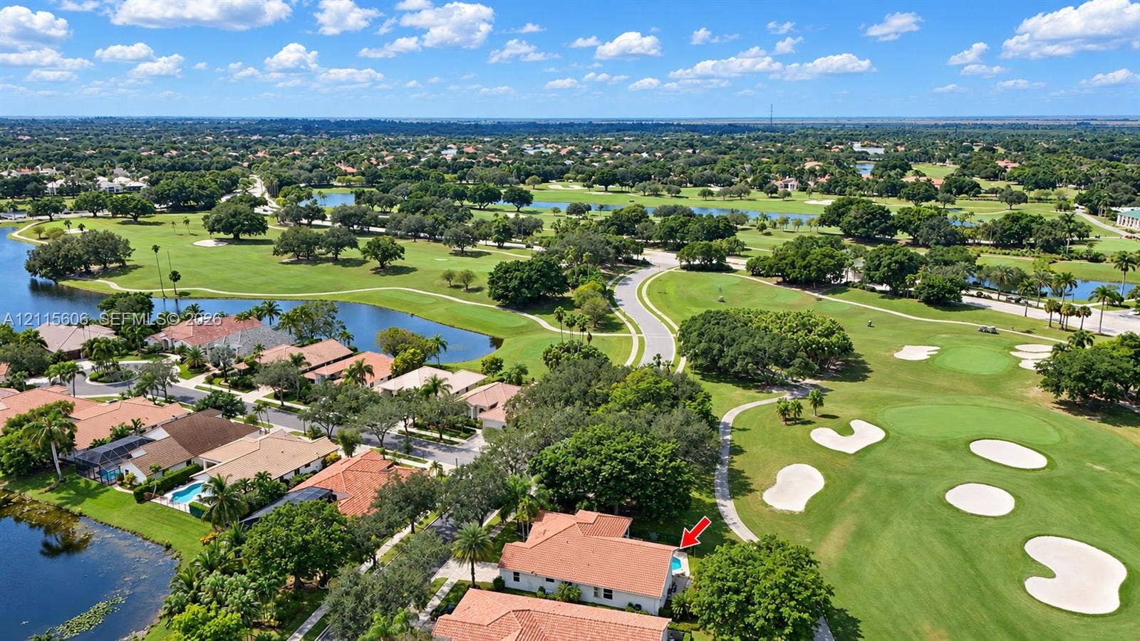 2652 Palmer Place, #2652, Weston, Weston, FL 33332 Aerial perspective featuring a tile roof, private swimming pool, and positioning along the golf course fairway