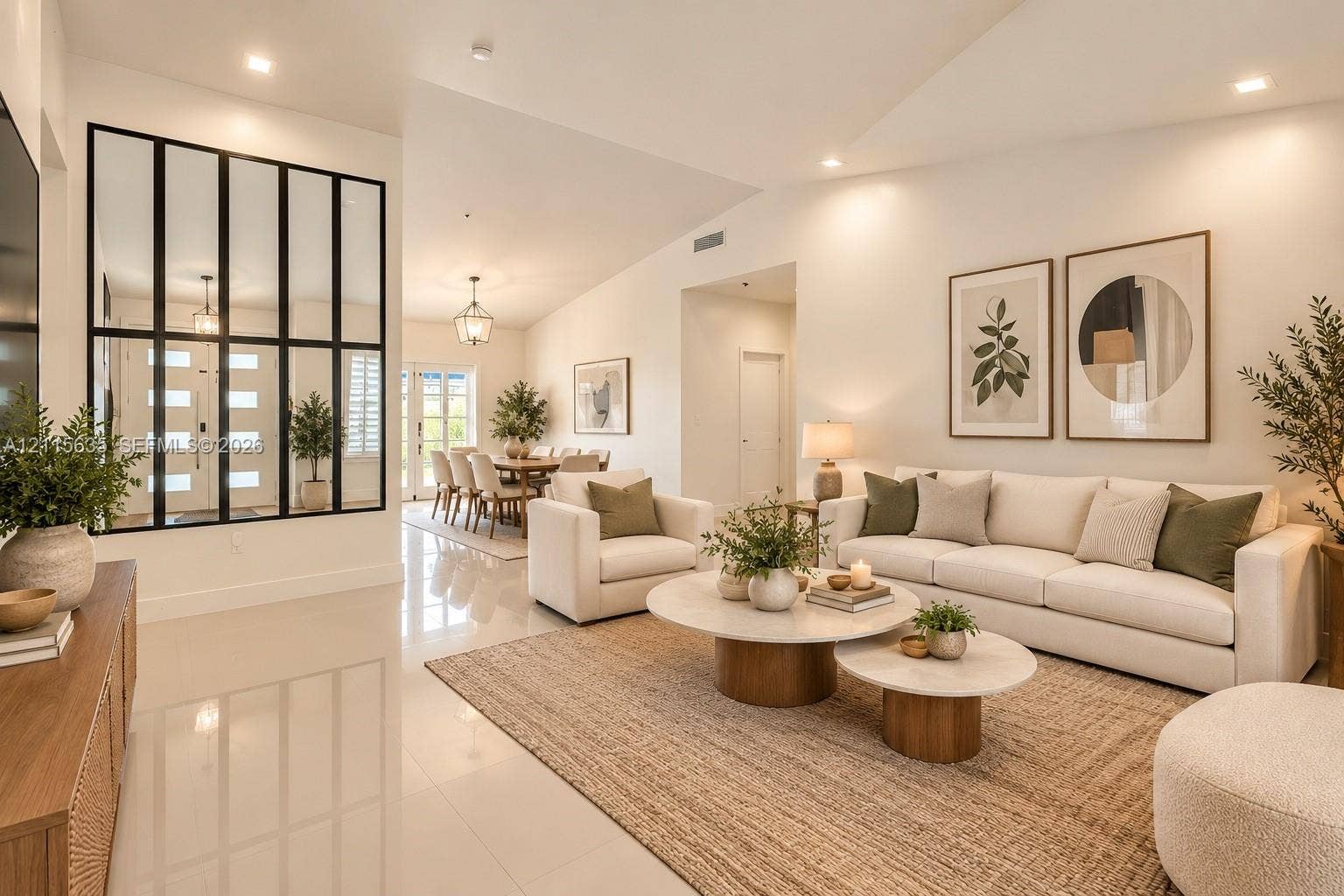 15374 SW 113th Terrace, Miami, FL 33196 Vaulted ceilings, polished tile flooring, recessed lighting, and a prominent black-framed glass wall partition