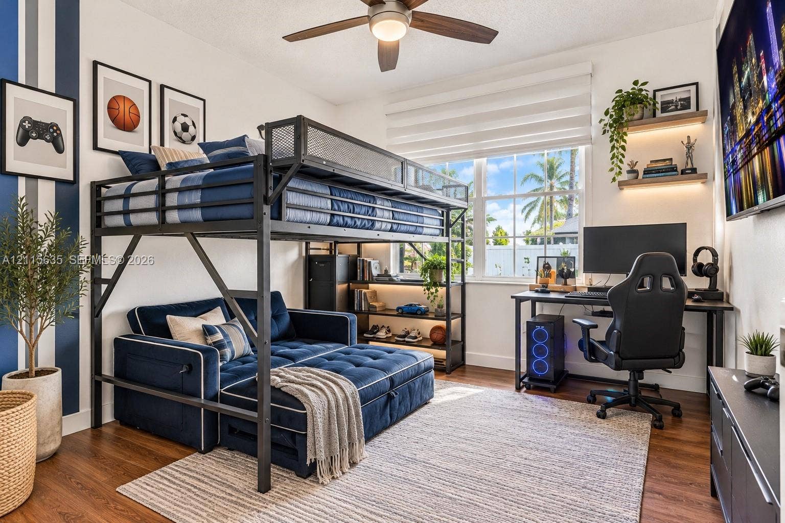 15374 SW 113th Terrace, Miami, FL 33196 Wood-finish flooring, ceiling fan with integrated light fixture, large multi-pane window, and two floating wall shelves with recessed accent lighting