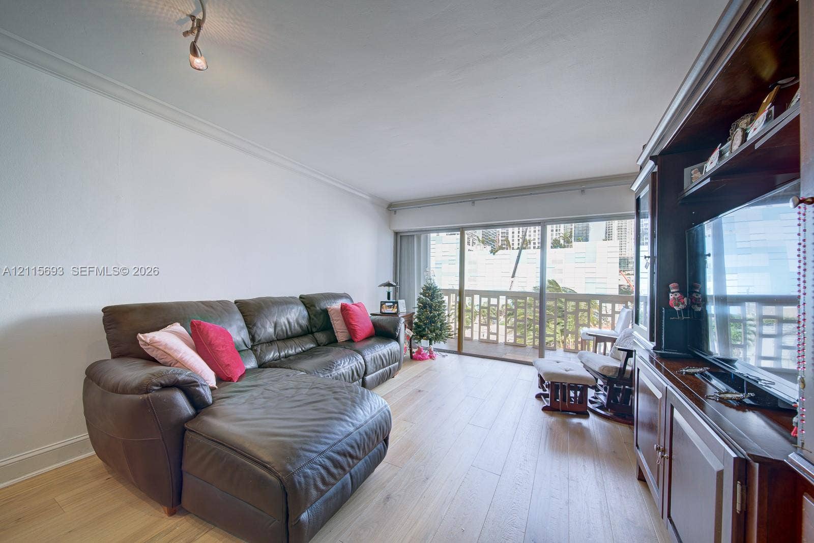 Light-toned wood-finish flooring, floor-to-ceiling sliding glass doors, and attached crown molding