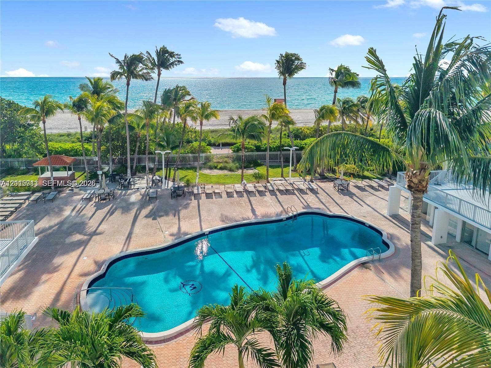 2655 Collins Avenue, #1006, Miami Beach, Miami Beach, FL 33140 Swimming pool with a stone paver deck, palm trees, and direct ocean backdrop