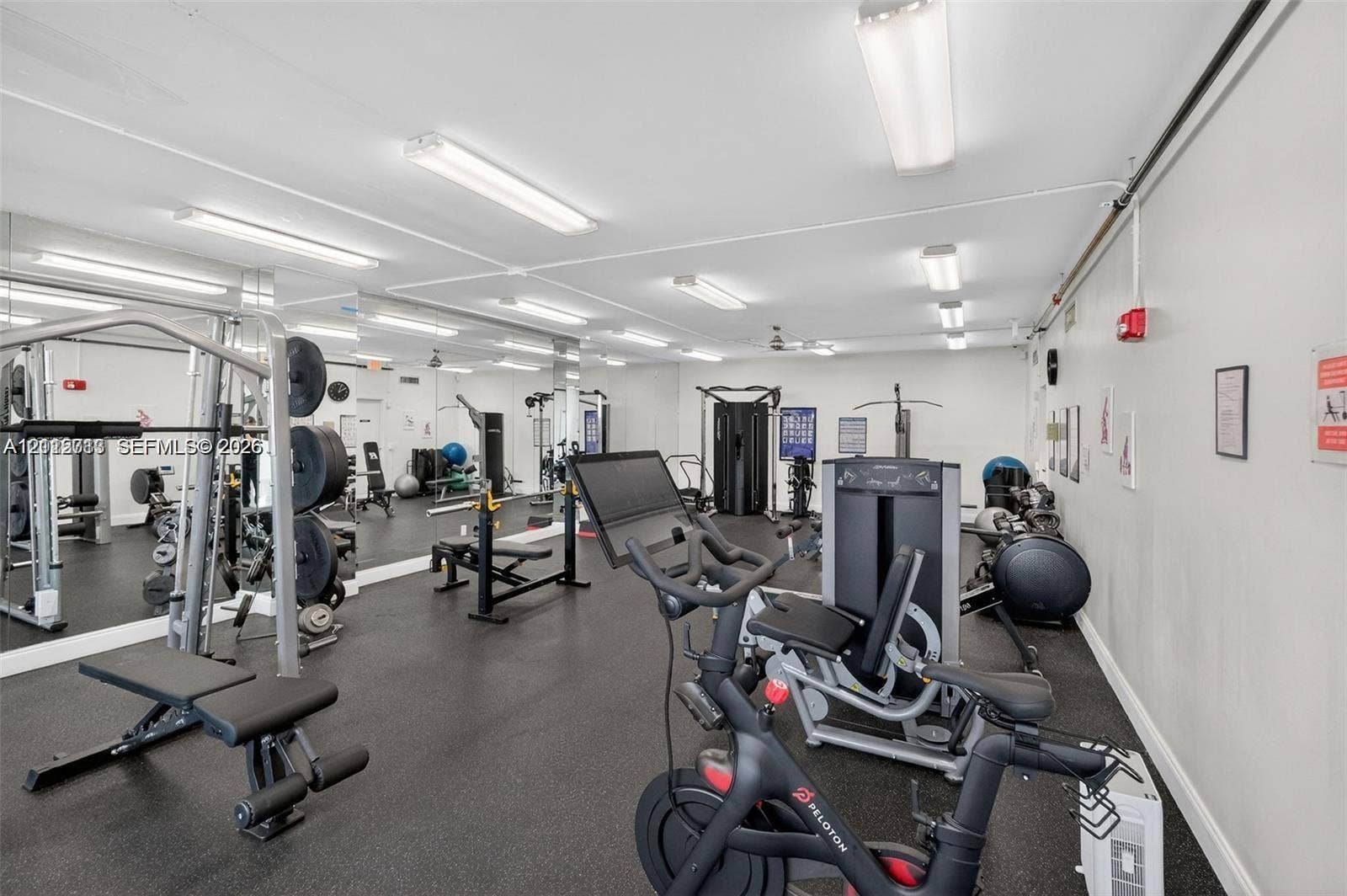 2655 Collins Avenue, #1006, Miami Beach, Miami Beach, FL 33140 Fitness room featuring rubber flooring, full-length wall mirrors, and overhead fluorescent lighting