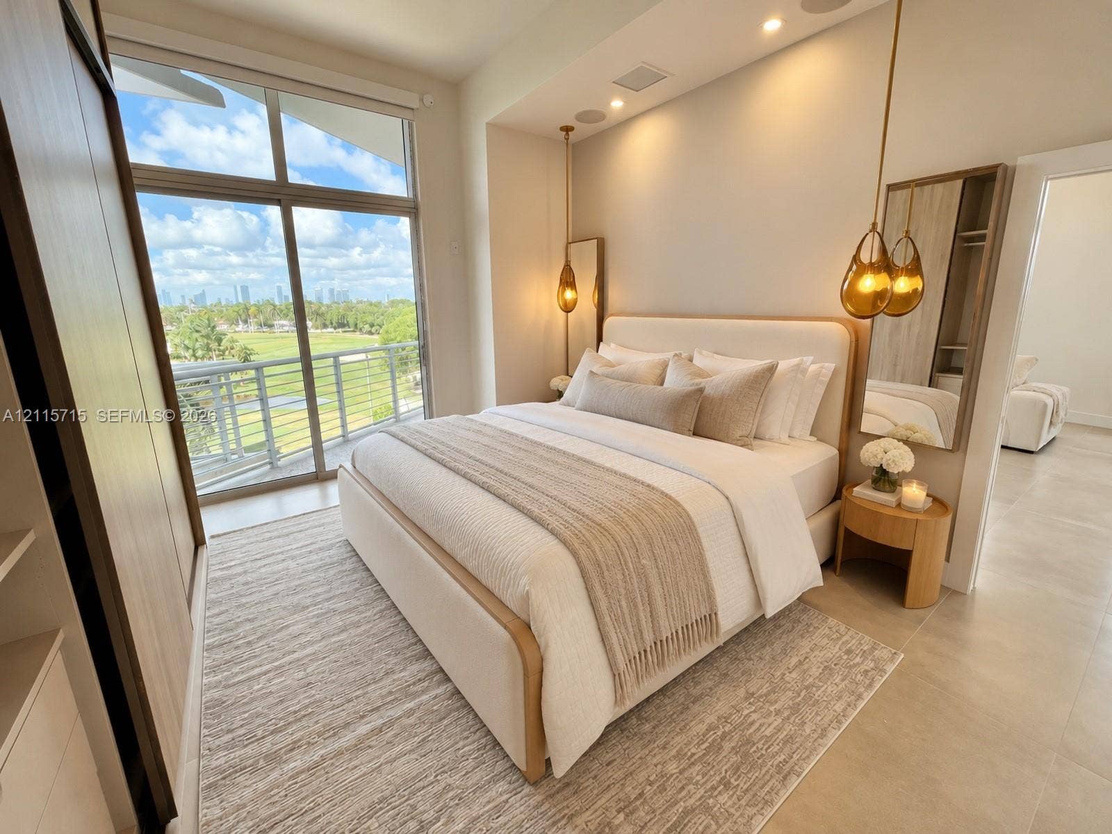 2001 Meridian Avenue, #514, Miami Beach, Miami Beach, FL 33139 Floor-to-ceiling windows, large-format tile flooring, built-in floor-to-ceiling cabinetry, dual pendant lighting, and an exterior balcony with railing