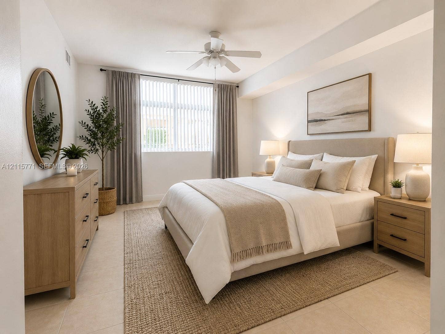 140 S Dixie Highway, #433, Hollywood, Hollywood, FL 33020 Neutral tone interior featuring tile flooring, ceiling fan, and window with vertical blinds