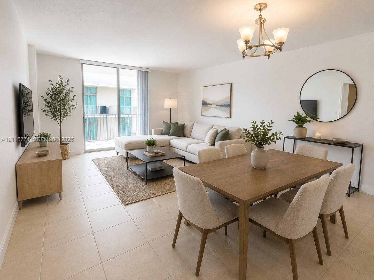 140 S Dixie Highway, #433, Hollywood, Hollywood, FL 33020 Open-concept living space featuring large-format tile flooring, a multi-arm metallic chandelier, and floor-to-ceiling sliding glass doors opening to an exterior balcony