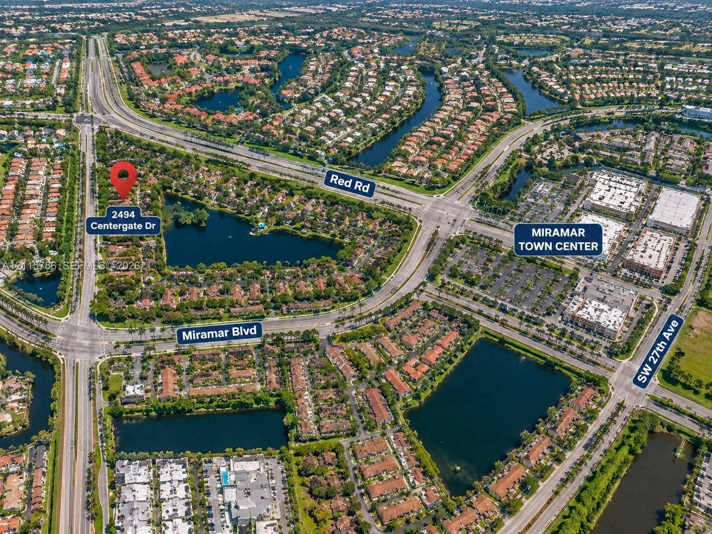 2494 Centergate Drive, #202, Miramar, Miramar, FL 33025 Aerial Survey. Illustrating the location of the property relative to regional infrastructure and major roadways