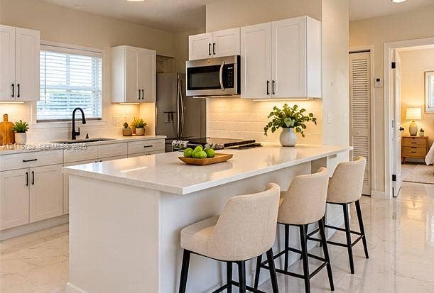 16220 NW 28th Place, Miami Gardens, FL 33054 Kitchen featuring white cabinetry, an expansive center island with quartz-style countertops, stainless steel appliances, a tile backsplash, and polished tile flooring
