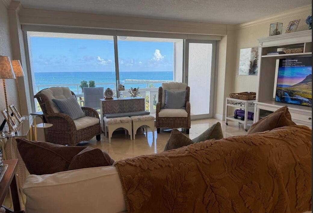 2000 S Ocean Drive, #804, Fort Lauderdale, FL 33316 Ocean and TV view from couch in living room.