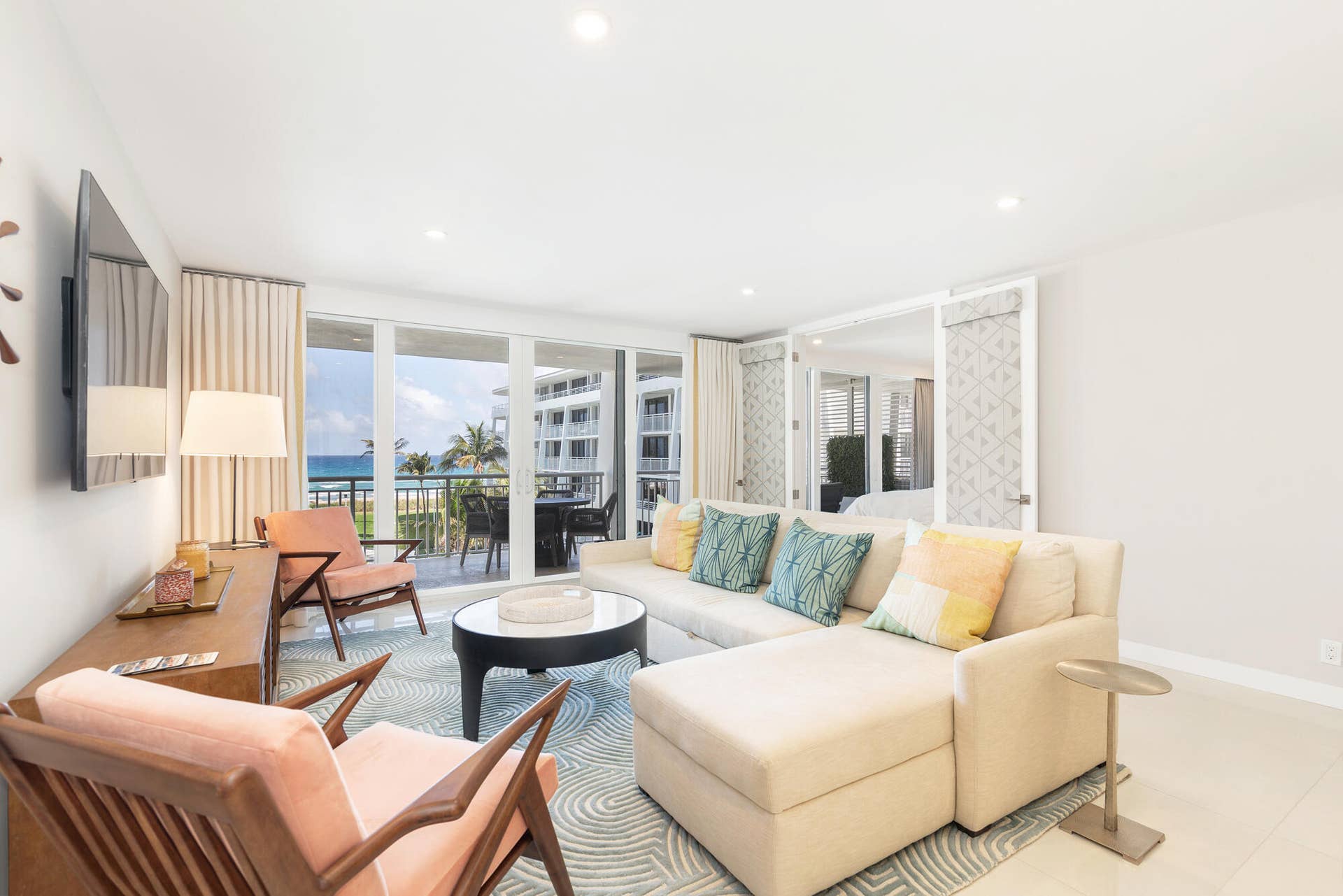 Spacious LIving room with ocean views