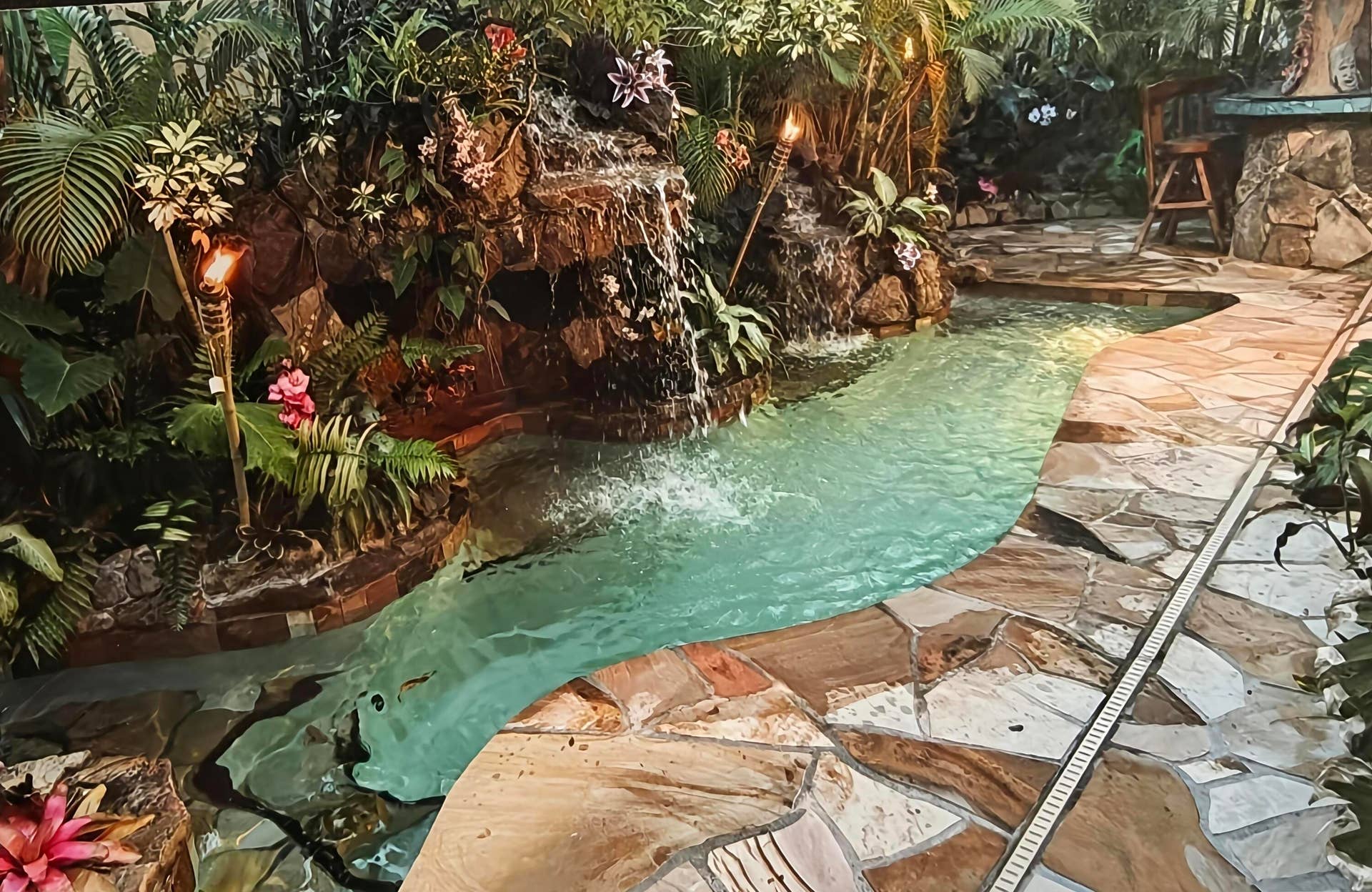 waterfall pool led night lit