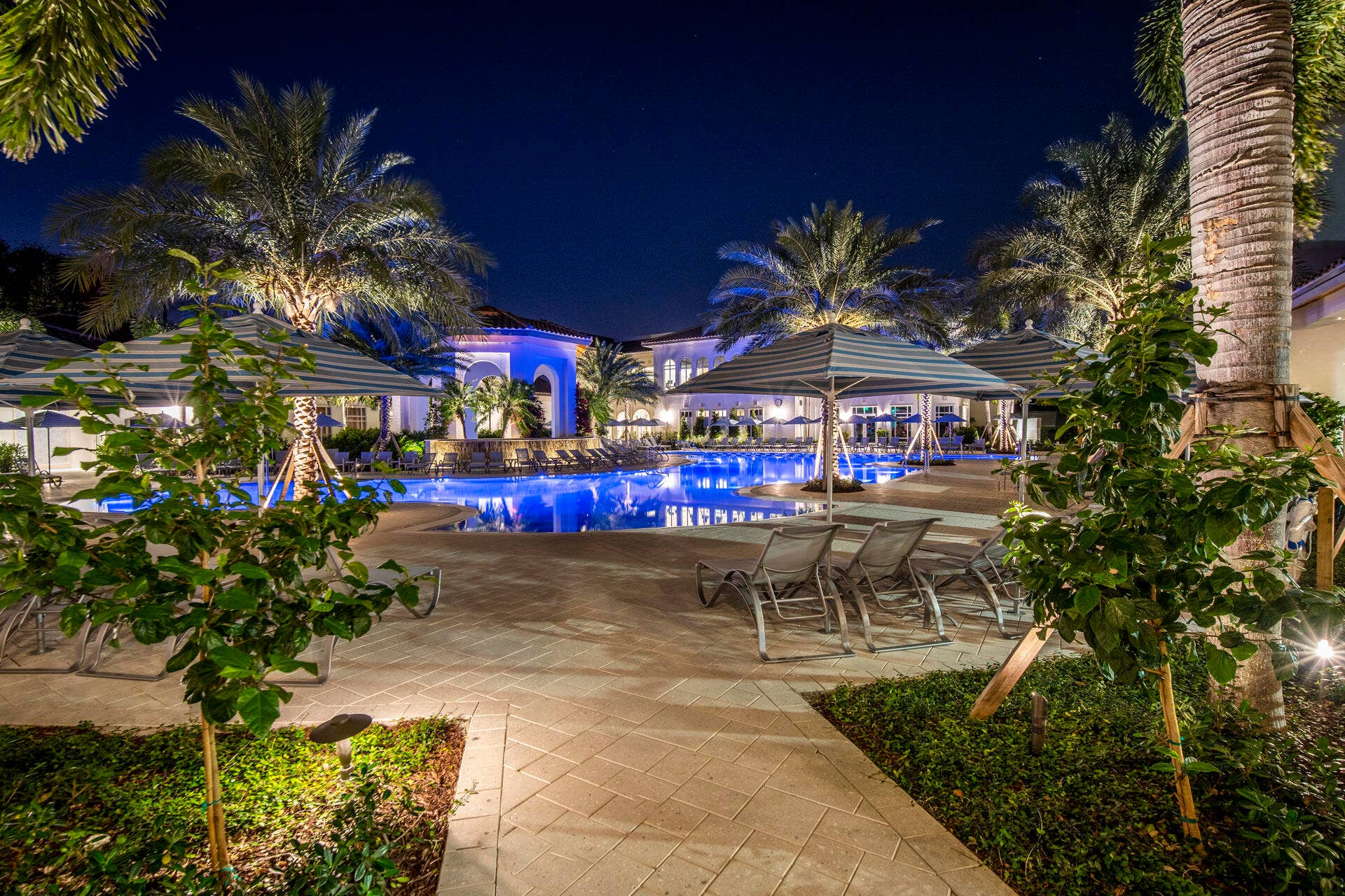 pool deck at night