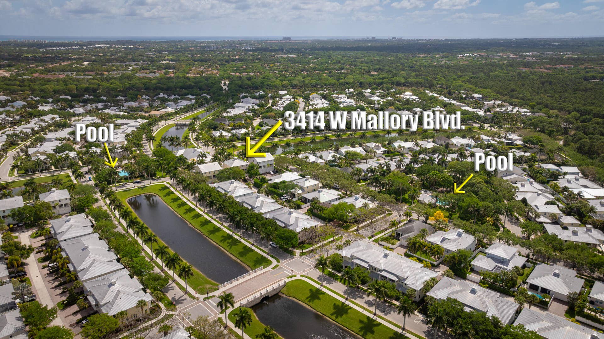 3414 W Mallory Boulevard, Jupiter, FL 33458 Aerial showing proximity to both pools. Just right for the long summer.